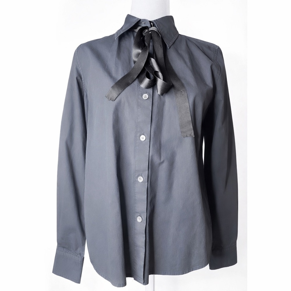 Marc Jacobs Size 2 Black Tie Neck Button Down Blouse 100% Cotton Designer